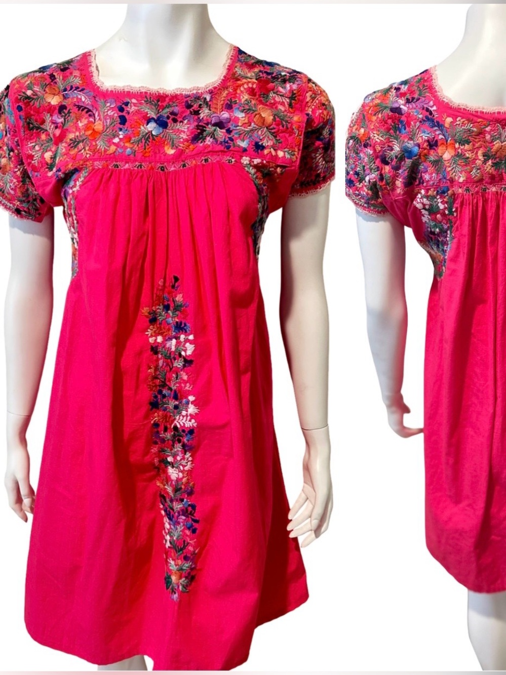 VTG Mexican Hand Embroidered Mini Dress Floral boho Wedding San Antonio